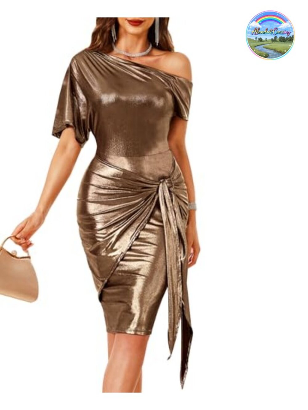 Glitter Ruched Bodycon Cocktail Dress Women One Shoulder Tie Waist Midi